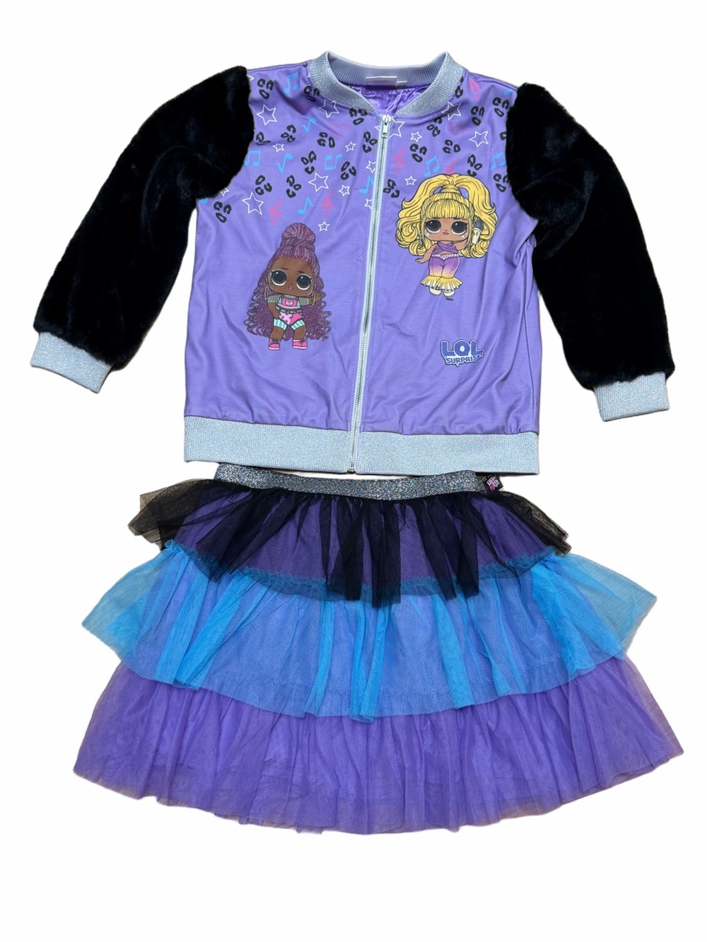 LOL Surprise Remix Girls Purple Faux Fur Jacket Tulle Skirt 2 Piece Outfit